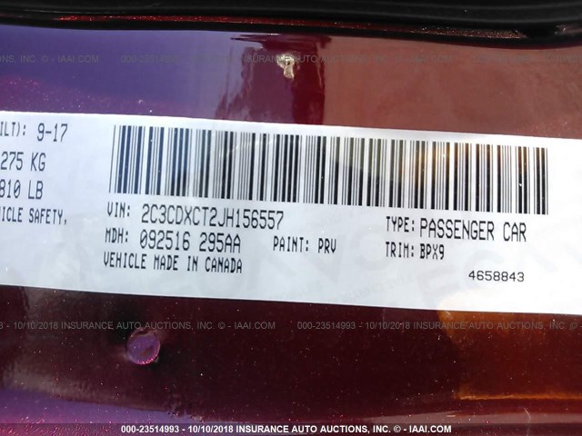 2C3CDXCT2JH156557 - 2018 DODGE CHARGER R/T MAROON photo 9