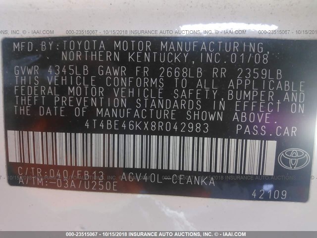 4T4BE46KX8R042983 - 2008 TOYOTA CAMRY CE/LE/XLE/SE WHITE photo 9