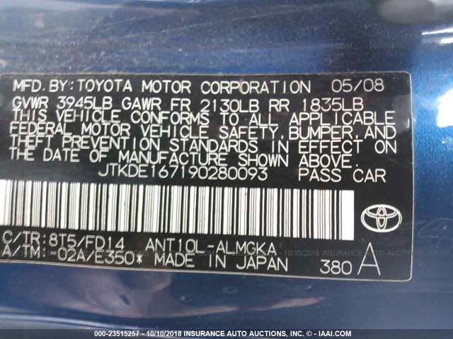 JTKDE167190280093 - 2009 TOYOTA SCION TC 蓝色 照片 9