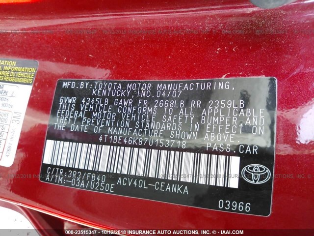 4T1BE46K87U153718 - 2007 TOYOTA CAMRY NEW GENERAT CE/LE/XLE/SE RED photo 9