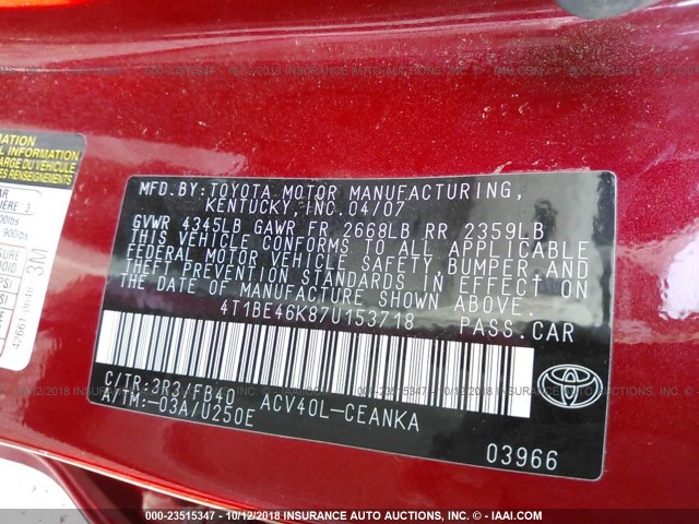 4T1BE46K87U153718 - 2007 TOYOTA CAMRY NEW GENERAT CE/LE/XLE/SE RED photo 9