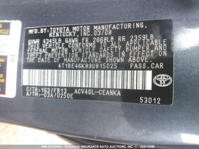 4T1BE46K89U815025 - 2009 TOYOTA CAMRY SE/LE/XLE ნაცრისფერი ფოტო 9