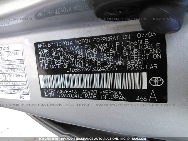 JTDBE32K430243065 - 2003 TOYOTA CAMRY LE/XLE SILVER photo 9