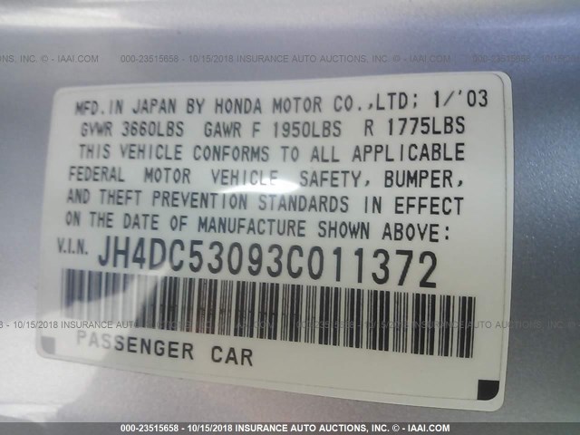 JH4DC53093C011372 - 2003 ACURA RSX TYPE-S SILVER photo 9