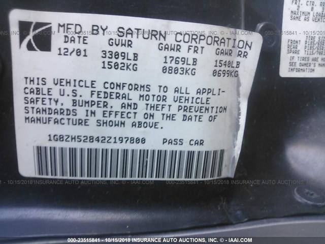 1G8ZH52842Z197800 - 2002 SATURN SL1 SILVER photo 9