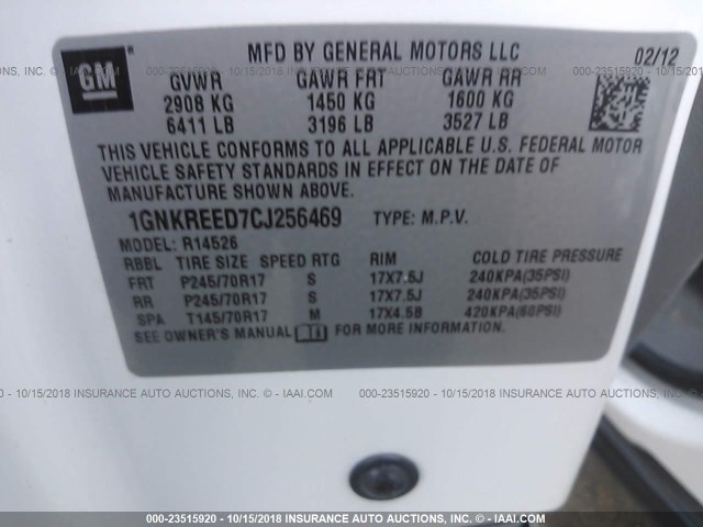 1GNKREED7CJ256469 - 2012 CHEVROLET TRAVERSE LS WHITE photo 9