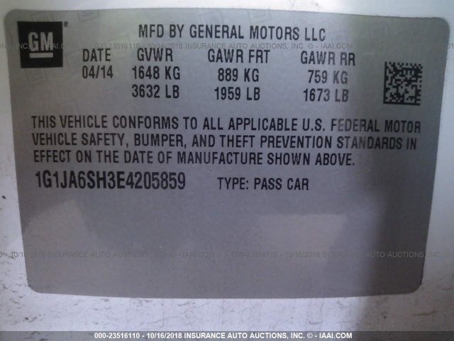 1G1JA6SH3E4205859 - 2014 CHEVROLET SONIC LS WHITE photo 9