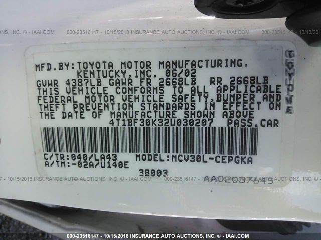 4T1BF30K32U030207 - 2002 TOYOTA CAMRY LE/XLE/SE Ақ фото 9