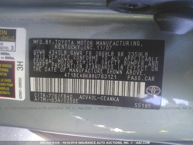 4T1BE46K88U763121 - 2008 TOYOTA CAMRY CE/LE/XLE/SE GREEN photo 9