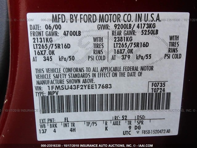 1FMSU43F2YEE17683 - 2000 FORD EXCURSION LIMITED RED photo 9