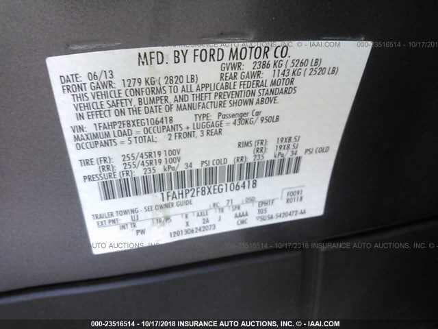 1FAHP2F8XEG106418 - 2014 FORD TAURUS LIMITED GRAY photo 9