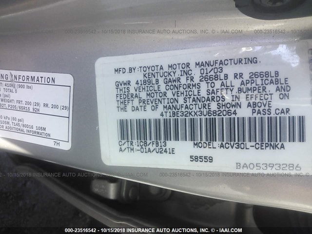4T1BE32KX3U682064 - 2003 TOYOTA CAMRY LE/XLE/SE SILVER photo 9