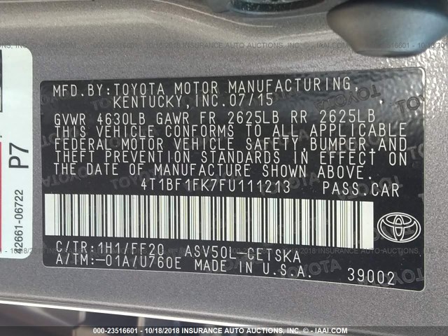 4T1BF1FK7FU111213 - 2015 TOYOTA CAMRY LE/XLE/SE/XSE GRAY photo 9