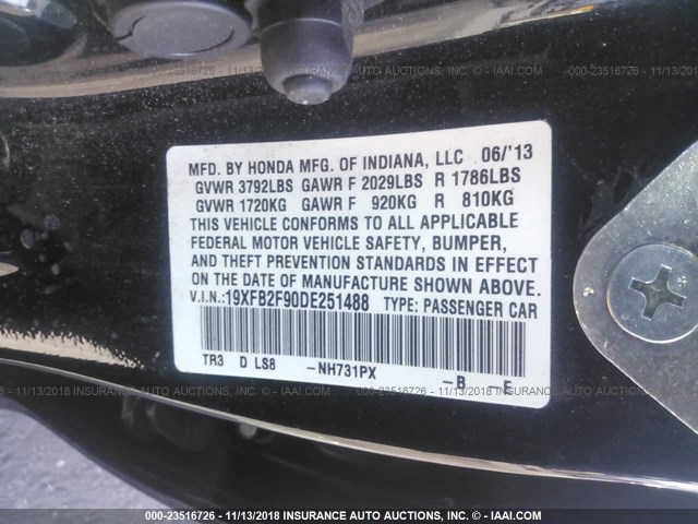 19XFB2F90DE251488 - 2013 HONDA CIVIC EXL 黑色 照片 9