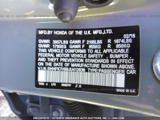 SHHFK7H99JU412838 - 2018 HONDA CIVIC SPORT TOURING Light Blue photo 9