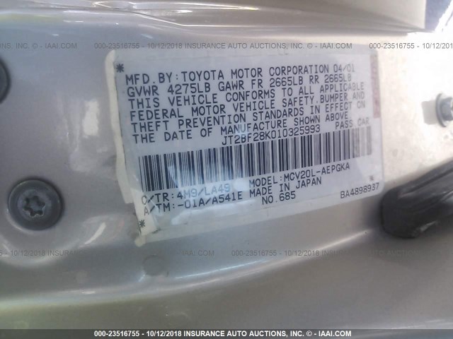 JT2BF28K010325993 - 2001 TOYOTA CAMRY LE/XLE GOLD photo 9