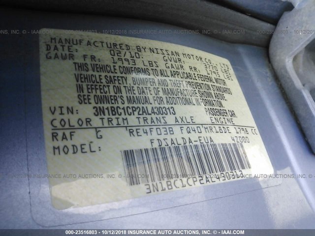 3N1BC1CP2AL430313 - 2010 NISSAN VERSA S/SL Light Blue photo 9