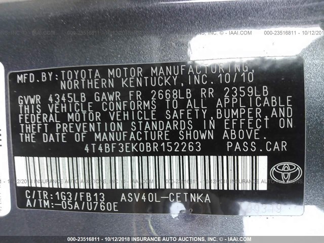 4T4BF3EK0BR152263 - 2011 TOYOTA CAMRY SE/LE/XLE 灰色 照片 9