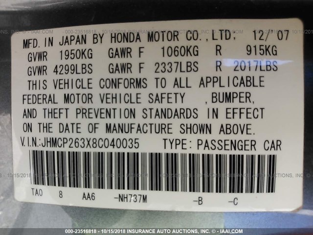 JHMCP263X8C040035 - 2008 HONDA ACCORD LX GRAY photo 9