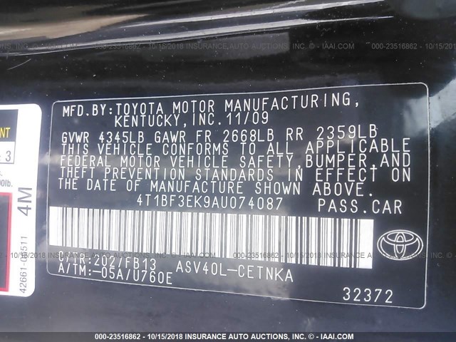 4T1BF3EK9AU074087 - 2010 TOYOTA CAMRY SE/LE/XLE BLACK photo 9