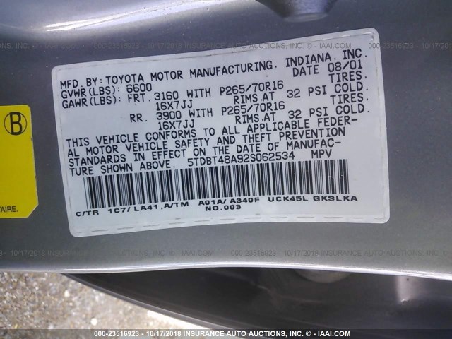 5TDBT48A92S062534 - 2002 TOYOTA SEQUOIA LIMITED GRAY photo 9