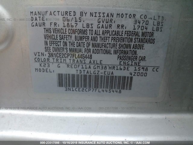 3N1CE2CP7FL445448 - 2015 NISSAN VERSA NOTE S/S PLUS/SV/SL/SR GRAY photo 9