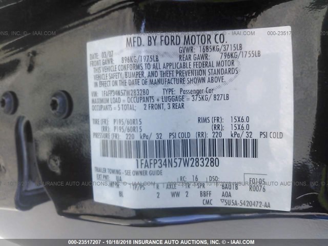 1FAFP34N57W283280 - 2007 FORD FOCUS ZX4/S/SE/SES შავი ფოტო 9