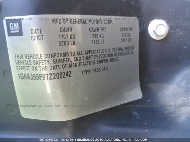 1G8AJ55F97Z200242 - 2007 SATURN ION LEVEL 2 银色 照片 9