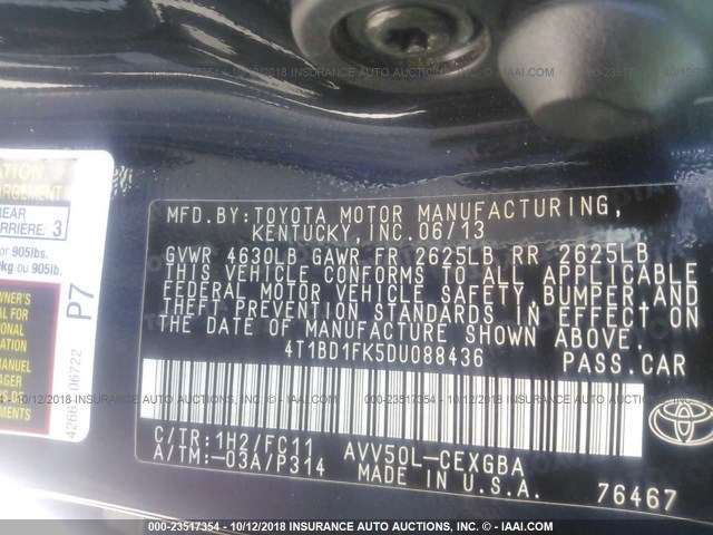 4T1BD1FK5DU088436 - 2013 TOYOTA CAMRY HYBRID/LE/XLE 蓝色 照片 9