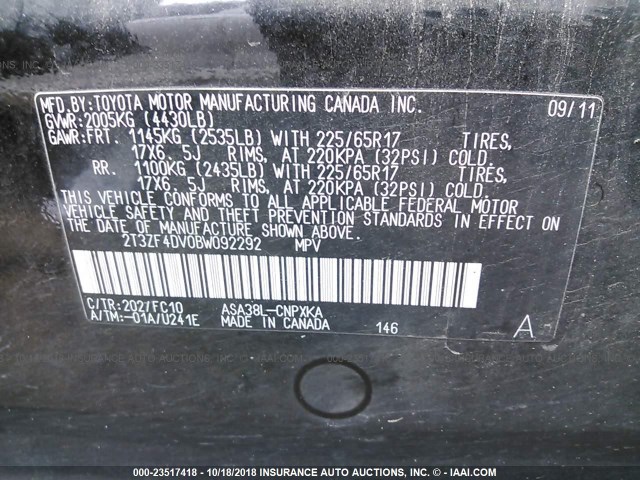 2T3ZF4DV0BW092292 - 2011 TOYOTA RAV4 BLACK photo 9