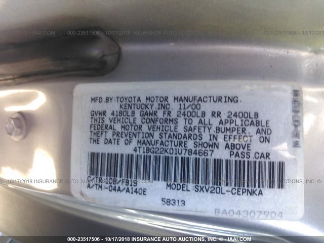 4T1BG22K01U784667 - 2001 TOYOTA CAMRY CE/LE/XLE 银色 照片 9