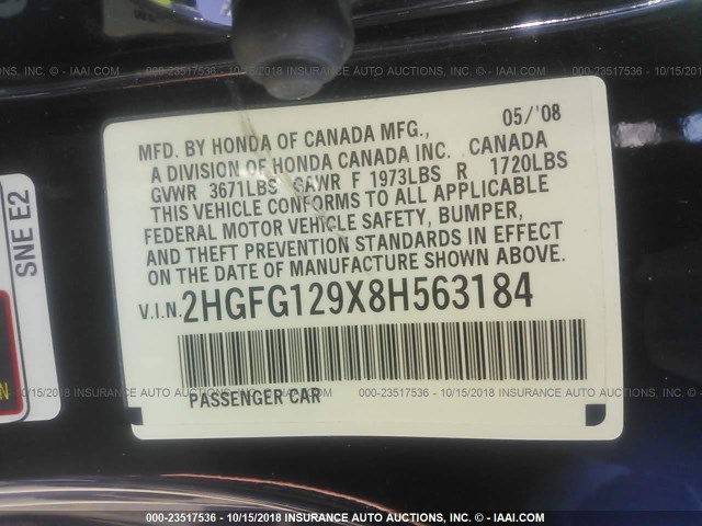 2HGFG129X8H563184 - 2008 HONDA CIVIC EXL 黑色 照片 9