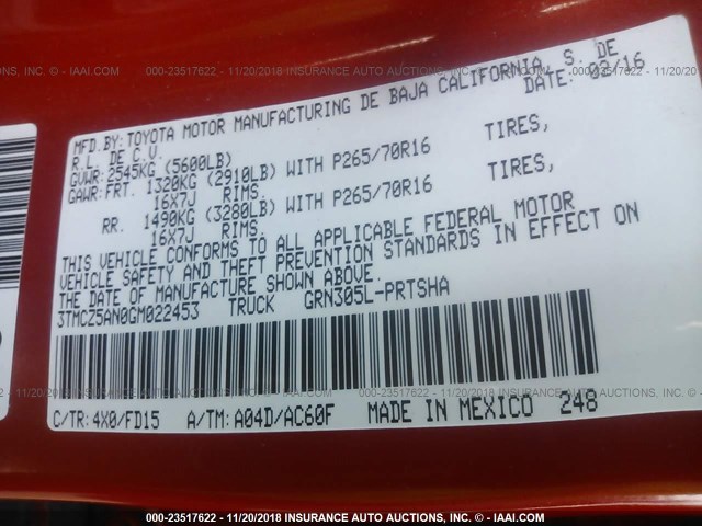 3TMCZ5AN0GM022453 - 2016 TOYOTA TACOMA DBL CAB/SR/SR5/TRD SPT/OR ORANGE photo 9