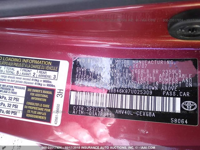 4T1BB46K87U025309 - 2007 TOYOTA CAMRY NEW GENERAT HYBRID RED photo 9