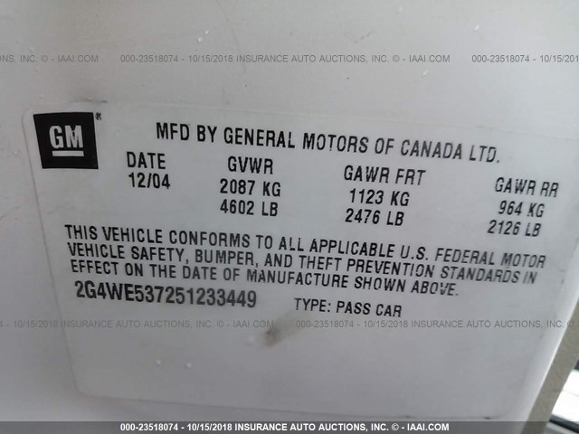 2G4WE537251233449 - 2005 BUICK LACROSSE CXS WHITE photo 9