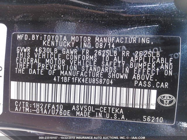 4T1BF1FK4EU858704 - 2014 TOYOTA CAMRY L/SE/LE/XLE Tünd mavi foto 9