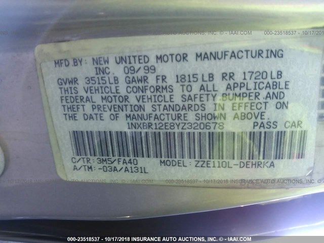 1NXBR12E8YZ320678 - 2000 TOYOTA COROLLA VE/CE/LE TAN photo 9