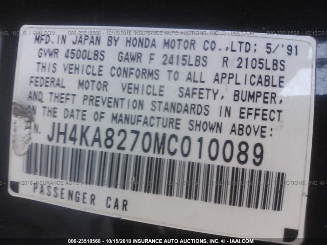 JH4KA8270MC010089 - 1991 ACURA LEGEND LS Қара фото 9