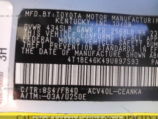 4T1BE46K49U897593 - 2009 TOYOTA CAMRY SE/LE/XLE Light Blue photo 9
