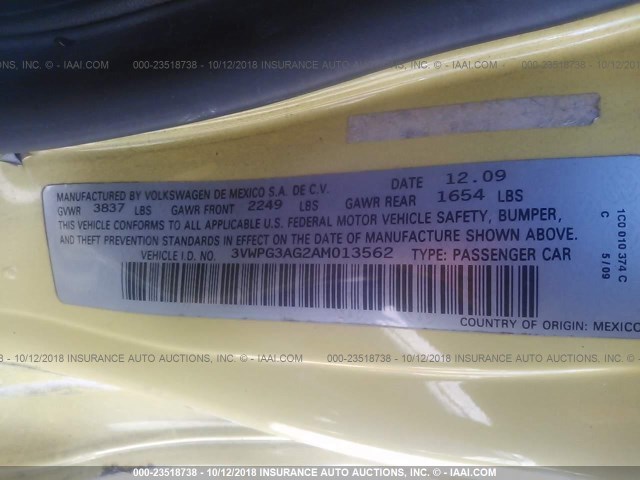 3VWPG3AG2AM013562 - 2010 VOLKSWAGEN NEW BEETLE 黄色 照片 9