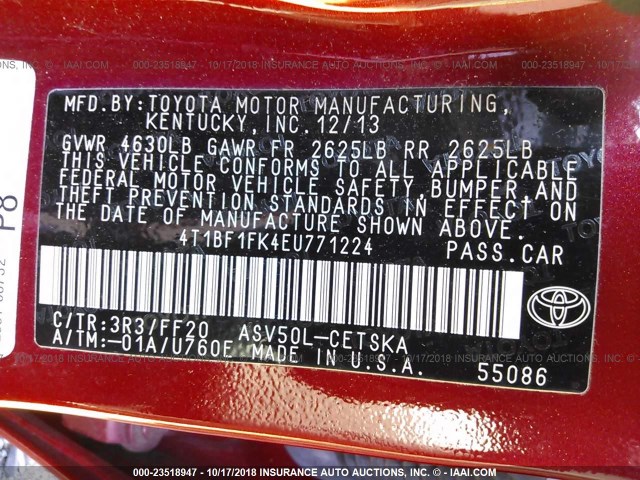 4T1BF1FK4EU771224 - 2014 TOYOTA CAMRY L/SE/LE/XLE RED photo 9