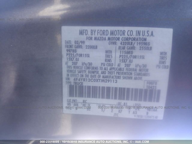 4F4YR12C0XTM29113 - 1999 MAZDA B2500 GRAY photo 9