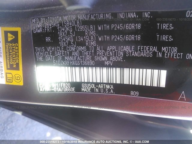 5TDZKRFHXGS136890 - 2016 TOYOTA HIGHLANDER LE/LE PLUS GRAY photo 9