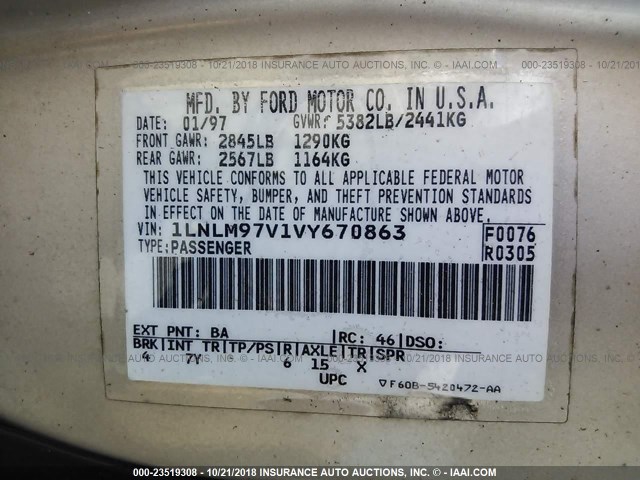 1LNLM97V1VY670863 - 1997 LINCOLN CONTINENTAL  Күміс фото 9