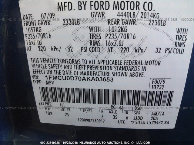 1FMCU0D70AKA03653 - 2010 FORD ESCAPE XLT BLUE photo 9