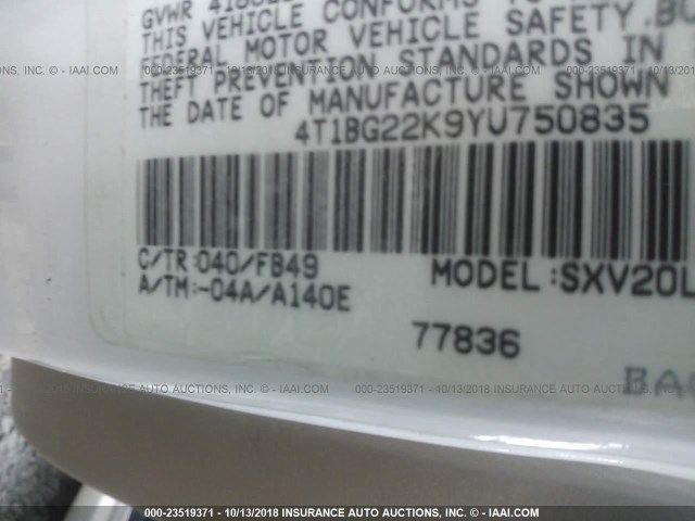 4T1BG22K9YU750835 - 2000 TOYOTA CAMRY CE/LE/XLE 白色 照片 9