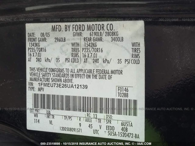 1FMEU73E26UA12139 - 2006 FORD EXPLORER XLT BLACK photo 9