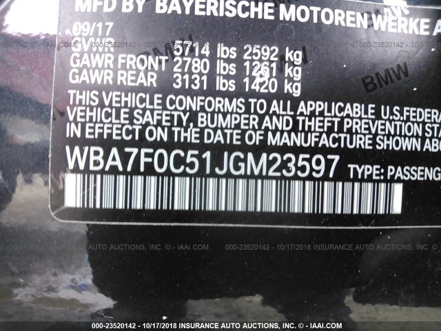 WBA7F0C51JGM23597 - 2018 BMW 750 I BLACK photo 9