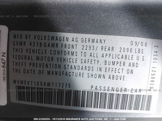 WVWEV71K59W117275 - 2009 VOLKSWAGEN GTI GRAY photo 9