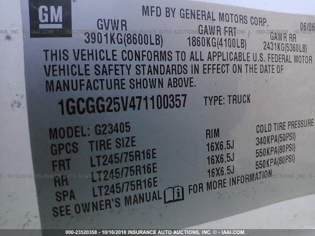 1GCGG25V471100357 - 2007 CHEVROLET EXPRESS G2500  WHITE photo 9